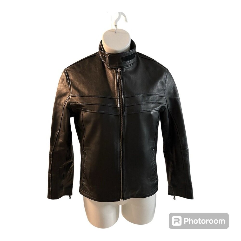 Vtg Pops Black Soft Leather Jacket Full Zip Blue Stitching Unisex Medium Large